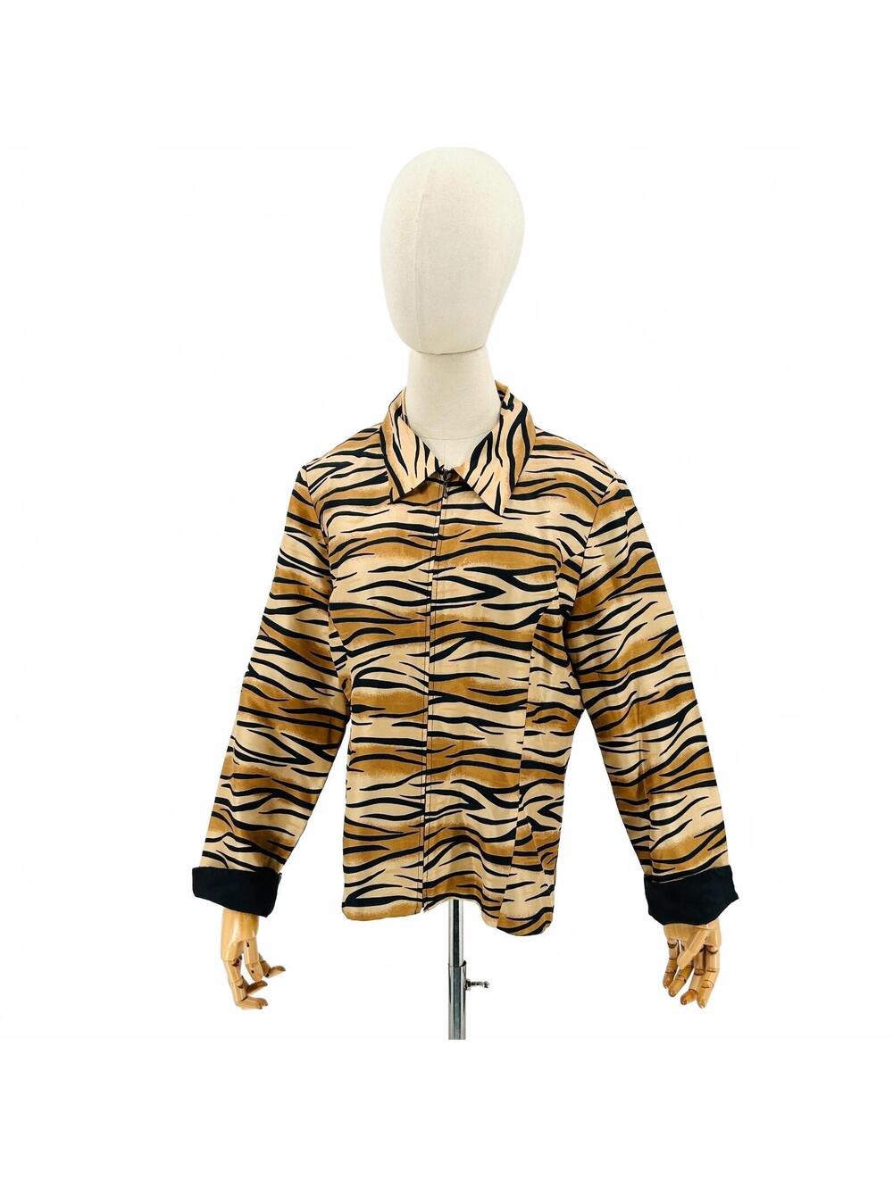 Vintage 90s Silkland Tan Black 100% Silk Tiger Print Jacket